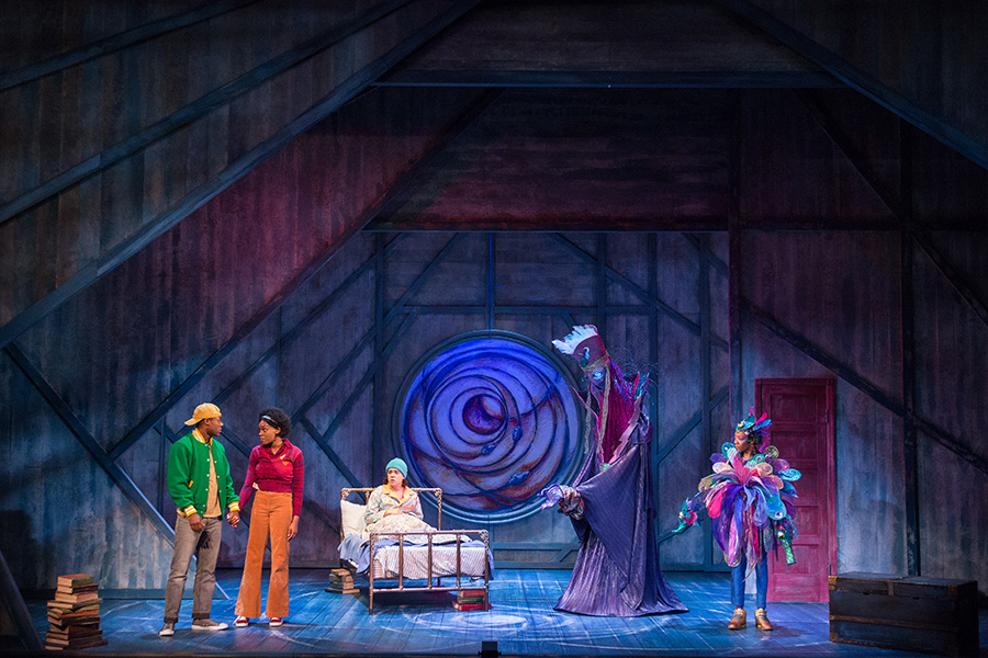 Vaughn Ryan Midder, Alicia Grace, David Landstrom, Lynette Rathnam, and Tyasia Velines in A Wind in the Door, The Kennedy Center (2021). (Puppet by Matthew McGee). Photo by Teresa Wood
