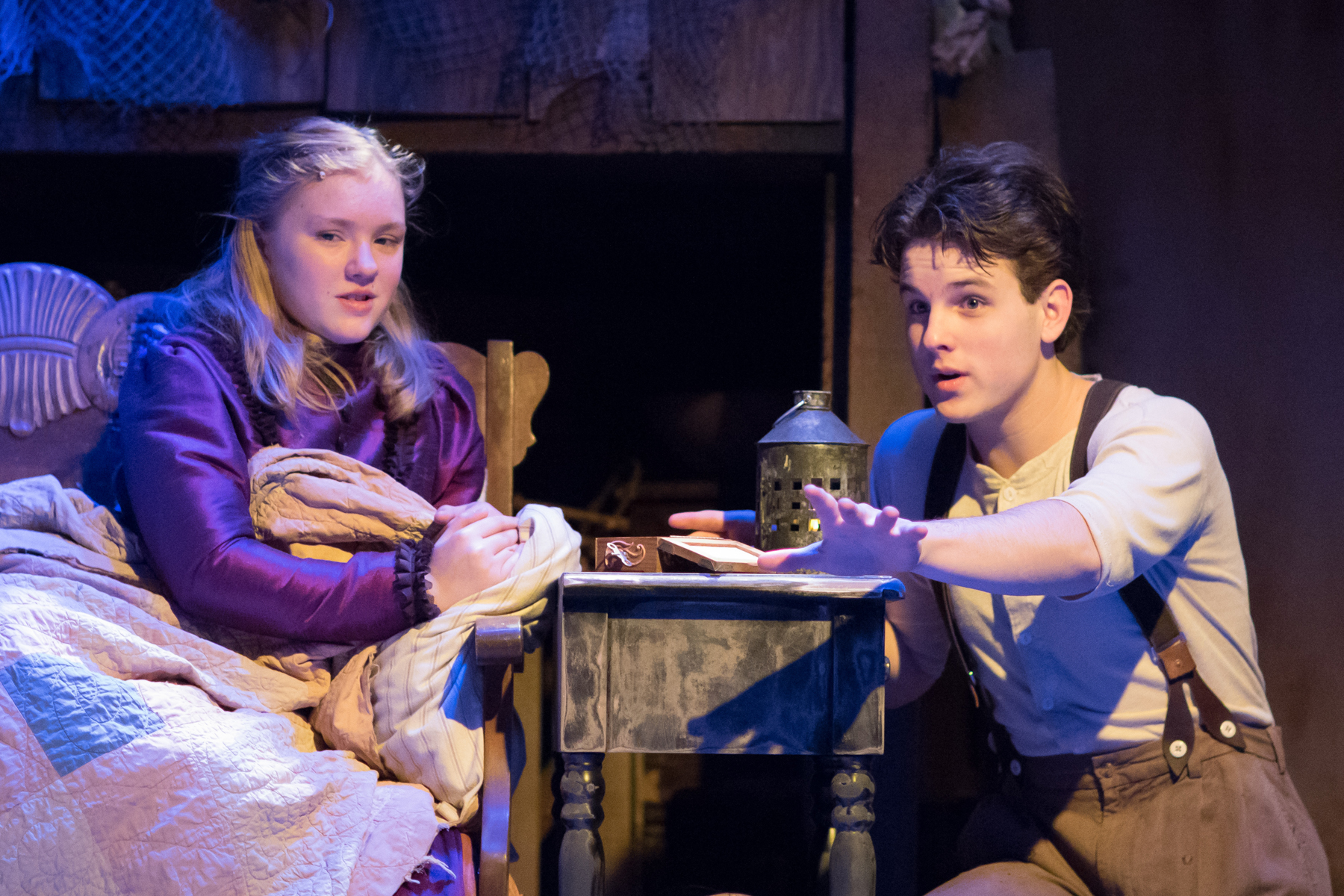 Aurelia Power (as Winnie Foster) and Fisher Stewart (as Jesse Tuck)
in Tuck Everlasting by Natalie Babbitt and adapted by Mark J. Frattaroli. Directed by
Jeff Church. Live on stage at The Coterie, February 27 - April 5, 2018. Photo by J.
Robert Schraeder and courtesy of The Coterie Theatre.